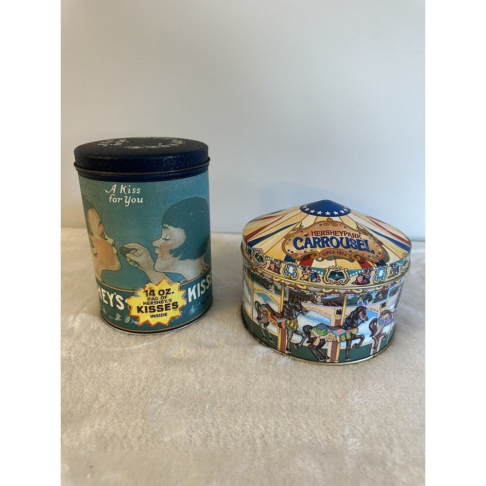 Set Of 2 Hershey Chocolate A Kiss 1980 Hershey Park Carrousel Tin Canister 1996